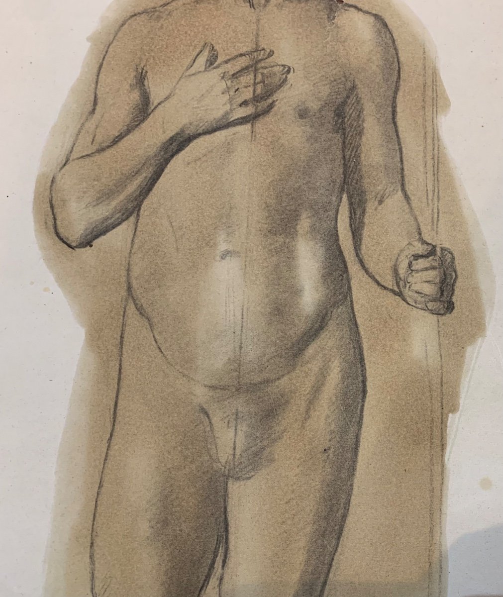 Grande disegno accademico Du io uomo giovane con la barba e la mano sul petto. XIX secolo-photo-4
