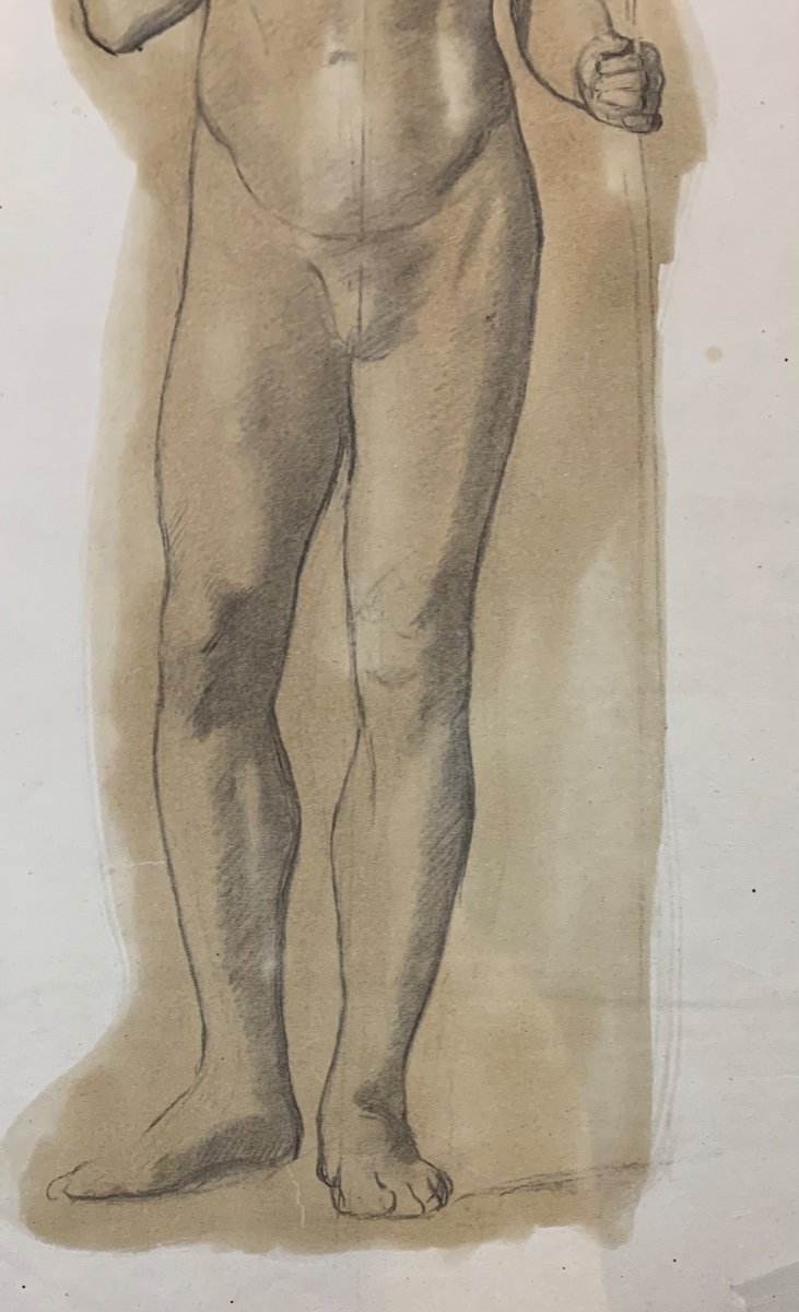 Grande disegno accademico Du io uomo giovane con la barba e la mano sul petto. XIX secolo-photo-2