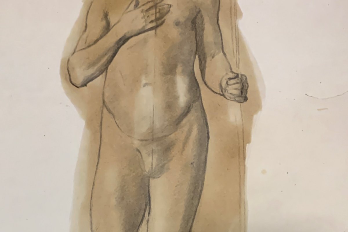 Grande disegno accademico Du io uomo giovane con la barba e la mano sul petto. XIX secolo-photo-1