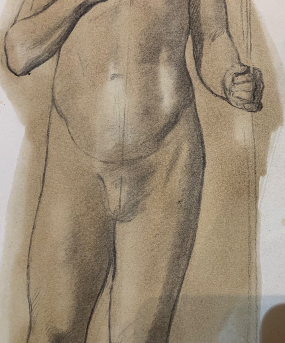 Grande disegno accademico Du io uomo giovane con la barba e la mano sul petto. XIX secolo-photo-5