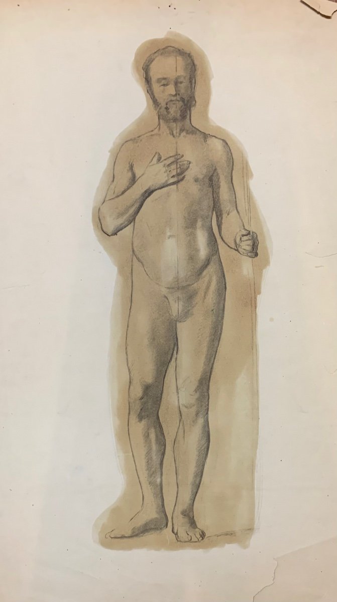 Grande disegno accademico Du io uomo giovane con la barba e la mano sul petto. XIX secolo