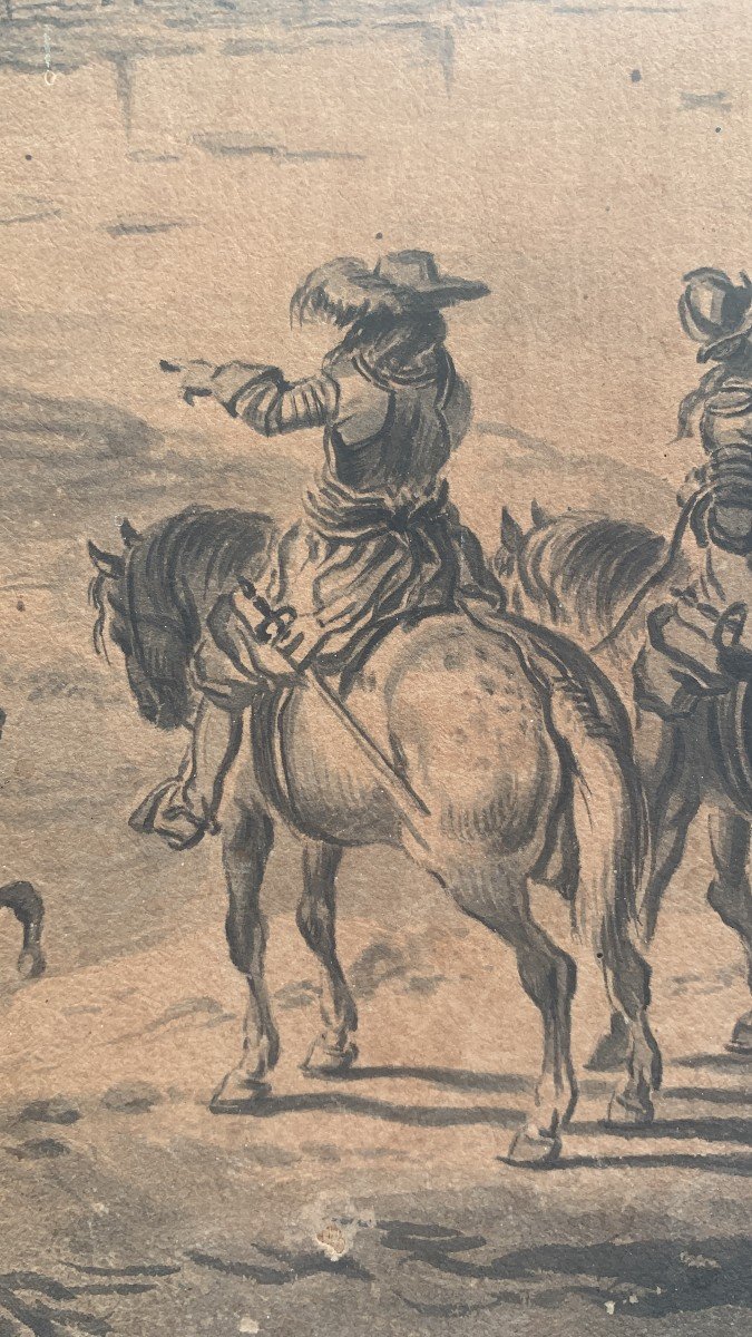 Disegno di uomini a cavallo con ruderi e città sullo sfondo.-photo-2