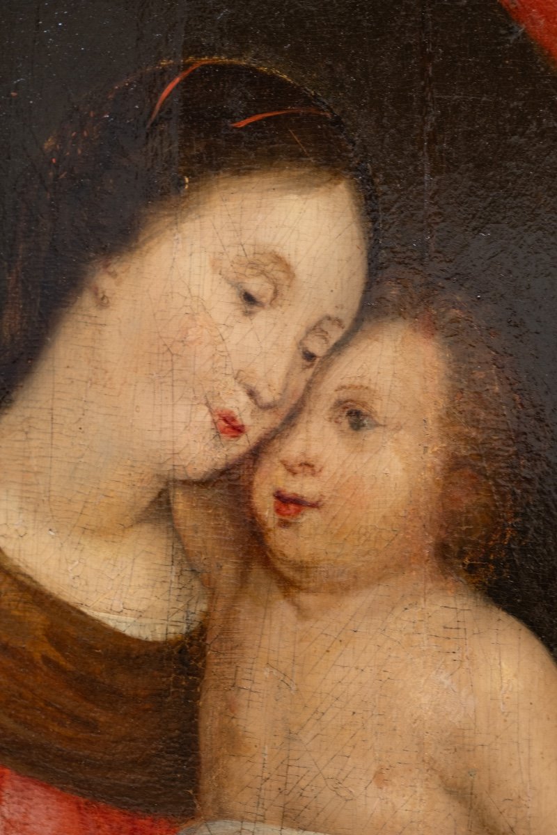 XVII secolo, dipinto su tavola, Scuola fiamminga, Madonna con Bambino e drappo rosso-photo-2