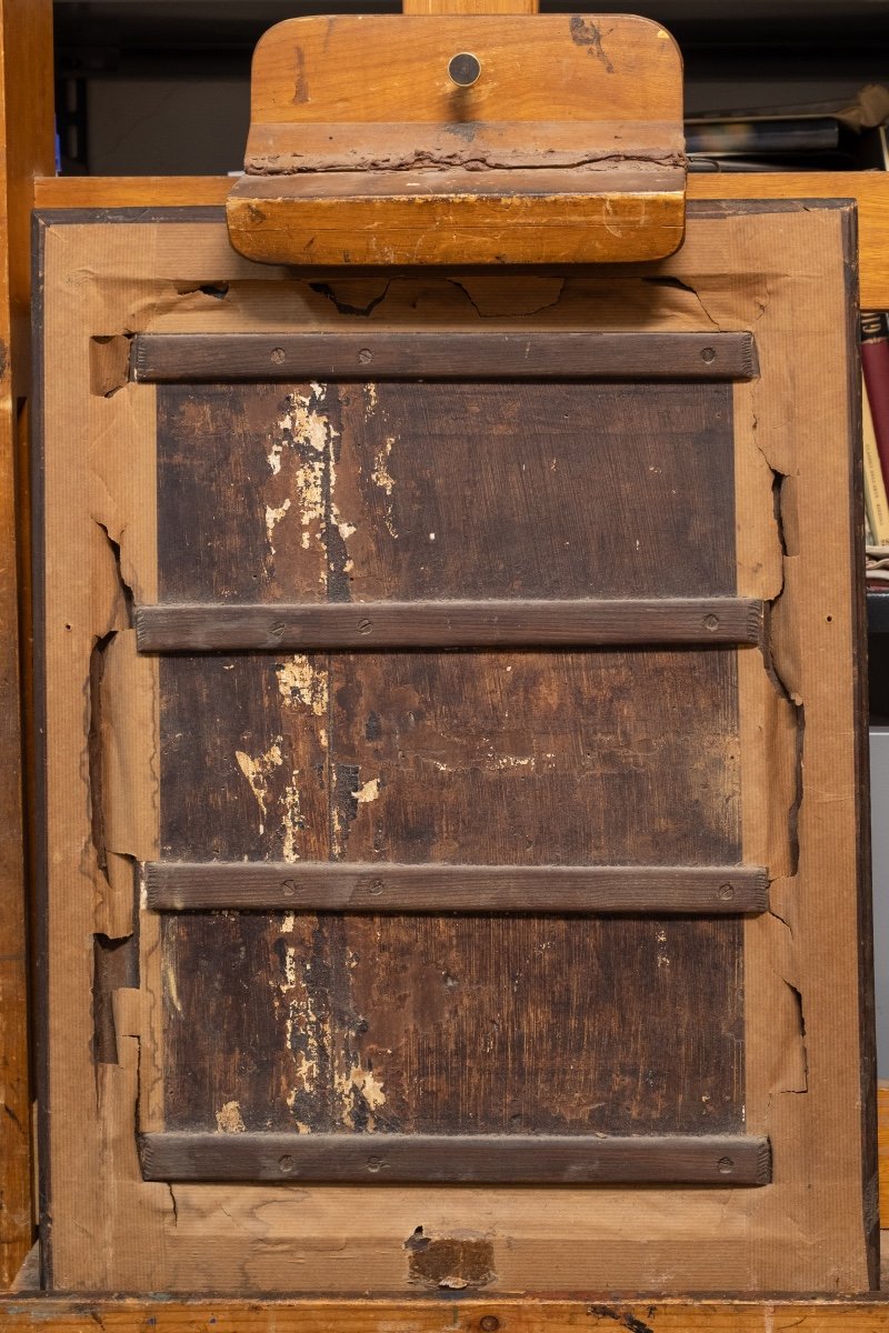 XVII secolo, dipinto su tavola, Scuola fiamminga, Madonna con Bambino e drappo rosso-photo-3