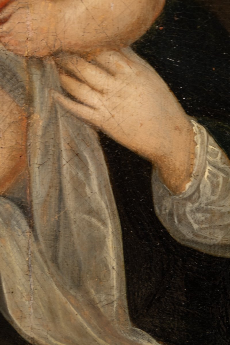 XVII secolo, dipinto su tavola, Scuola fiamminga, Madonna con Bambino e drappo rosso-photo-4
