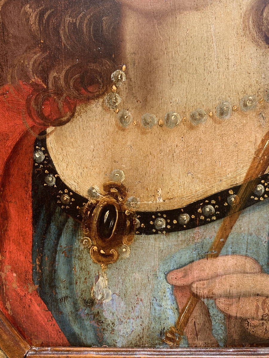 Santa Clotilde, Regina dei Franchi. Dipinto ottagonale su tavola, circa 1700.-photo-4
