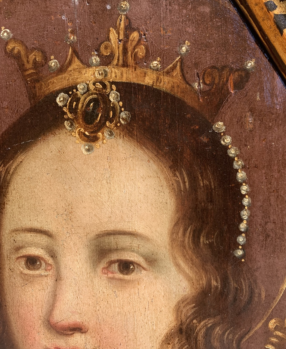 Santa Clotilde, Regina dei Franchi. Dipinto ottagonale su tavola, circa 1700.-photo-1