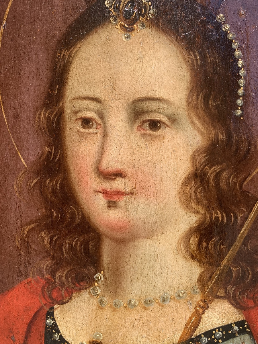 Santa Clotilde, Regina dei Franchi. Dipinto ottagonale su tavola, circa 1700.-photo-3