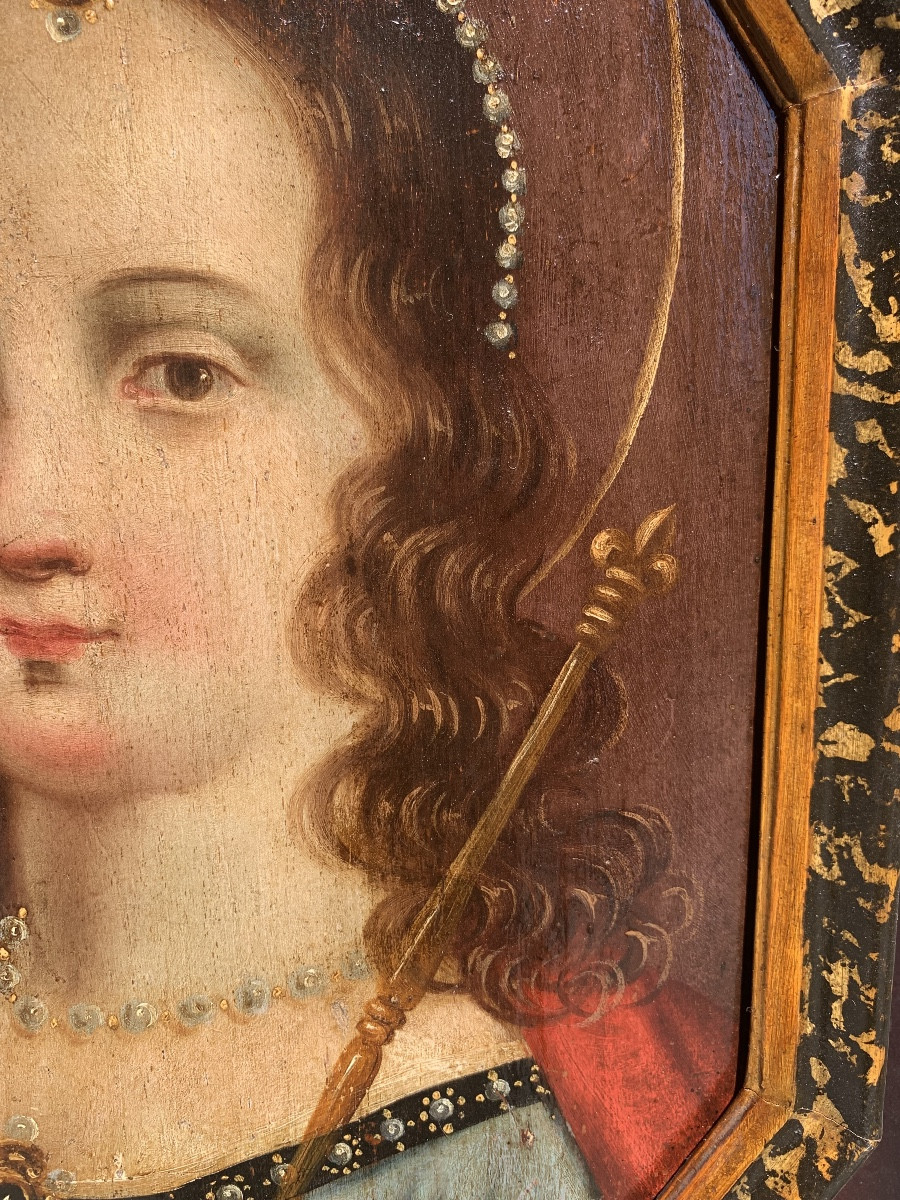 Santa Clotilde, Regina dei Franchi. Dipinto ottagonale su tavola, circa 1700.-photo-2