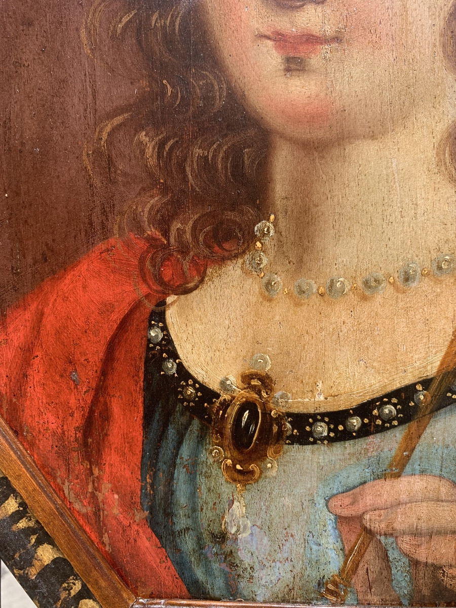Santa Clotilde, Regina dei Franchi. Dipinto ottagonale su tavola, circa 1700.-photo-4