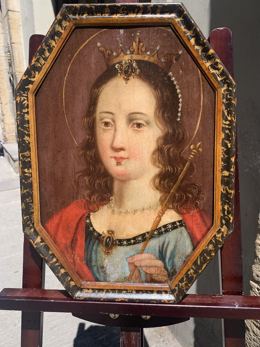 Santa Clotilde, Regina dei Franchi. Dipinto ottagonale su tavola, circa 1700.-photo-8