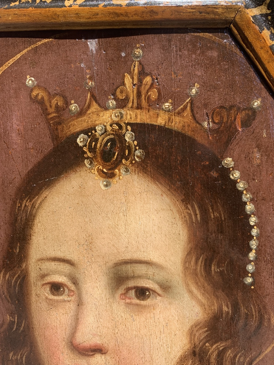 Santa Clotilde, Regina dei Franchi. Dipinto ottagonale su tavola, circa 1700.-photo-6