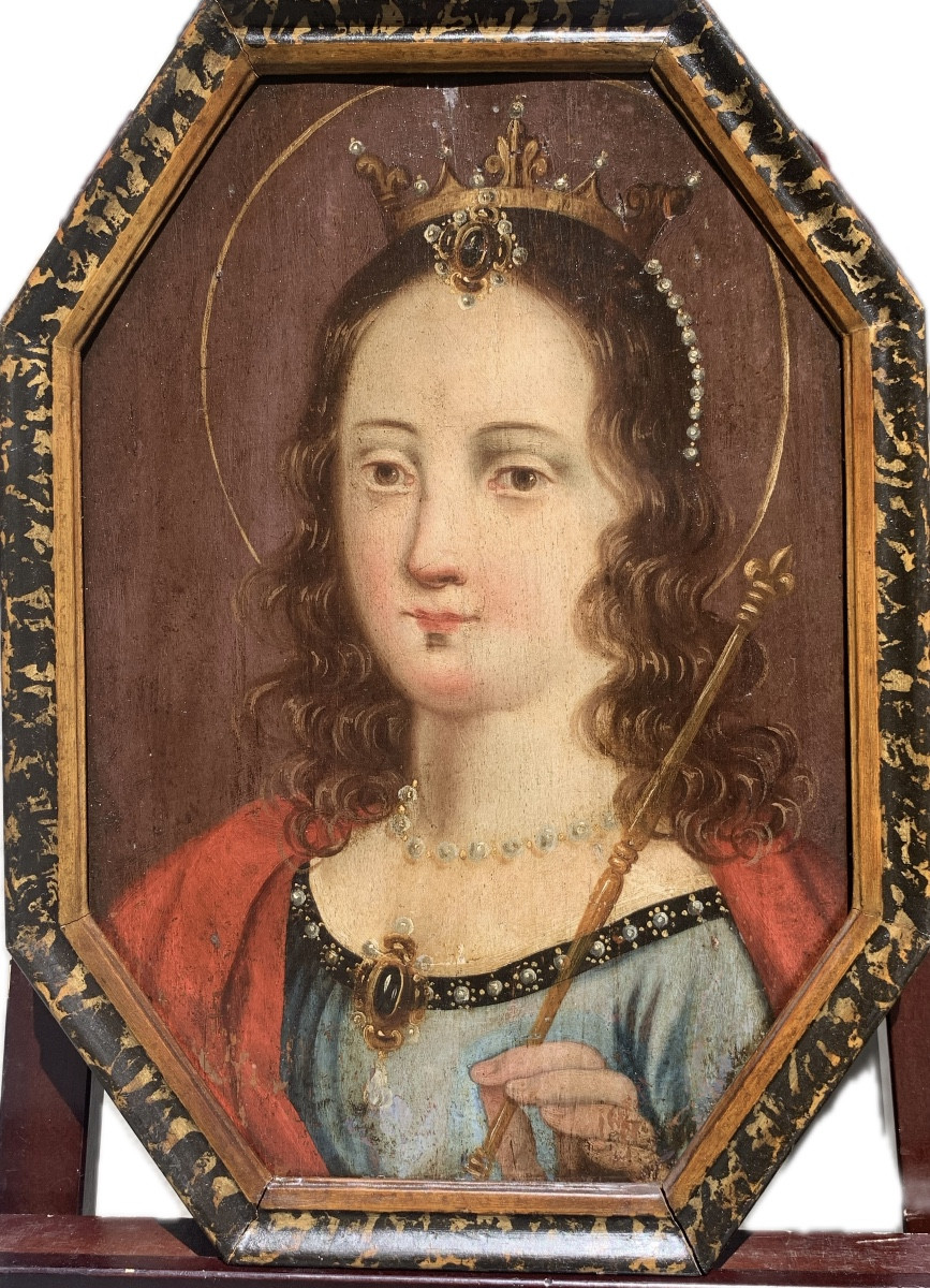 Santa Clotilde, Regina dei Franchi. Dipinto ottagonale su tavola, circa 1700.