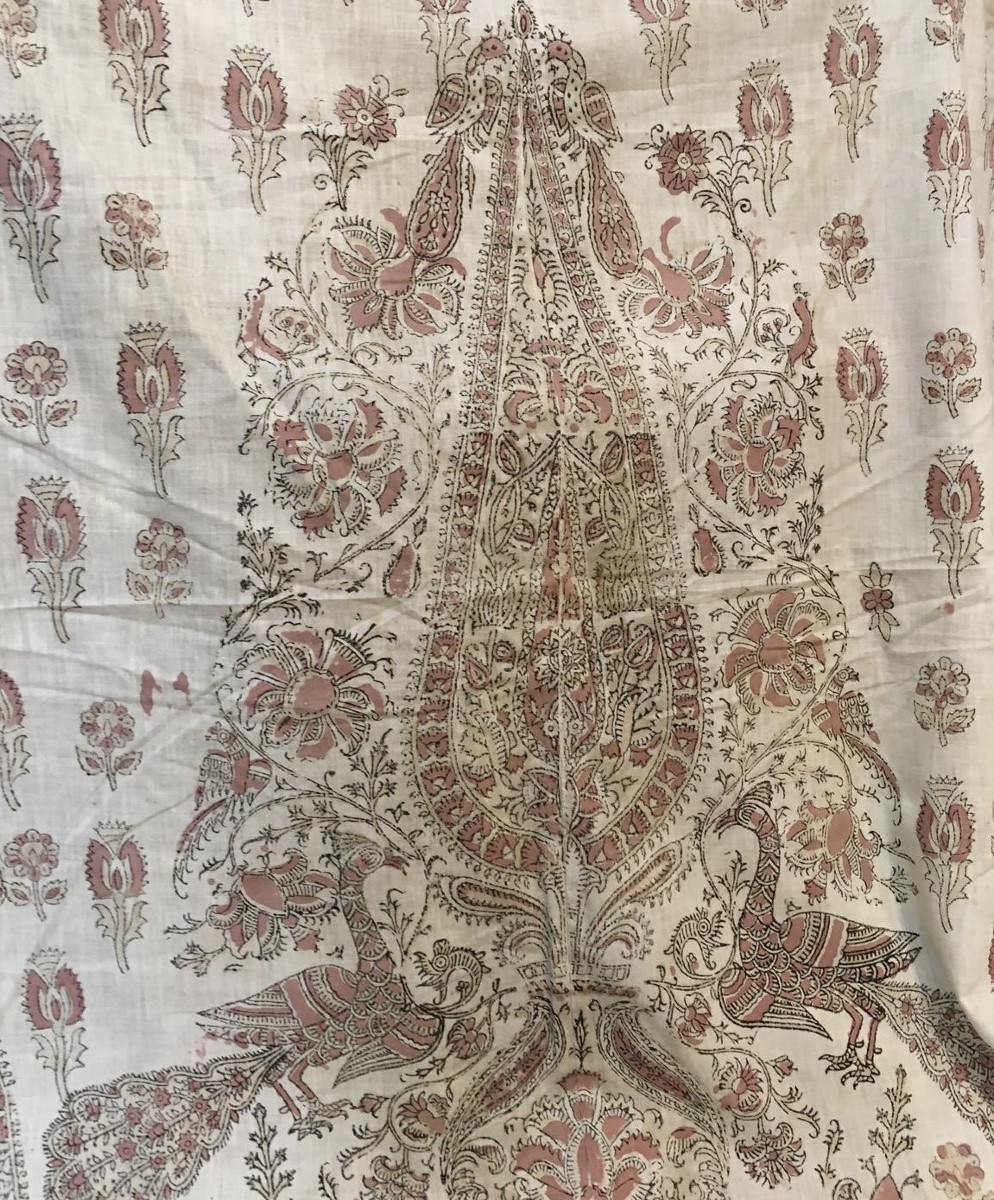 Tessuto persiano Kalamkari con pavoni, leone con spada e garofani . Cm 336x 168cm-photo-5