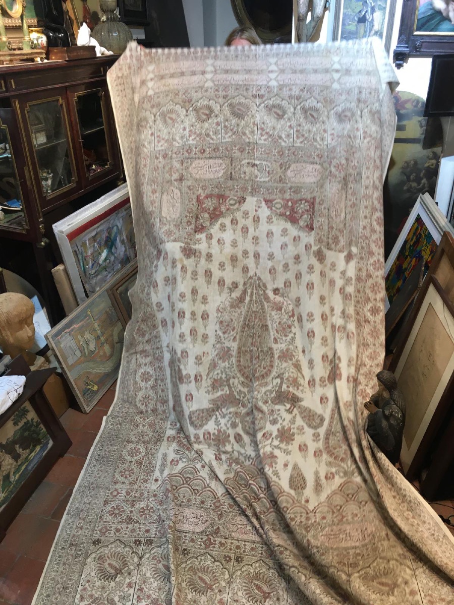 Tessuto persiano Kalamkari con pavoni, leone con spada e garofani . Cm 336x 168cm-photo-8