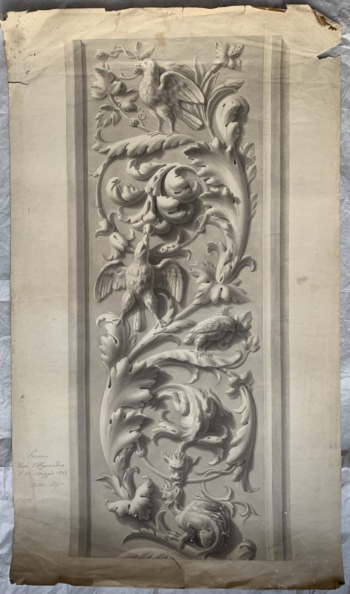 Studio accademico di un bassorilievo con grottesche, draghi e uccelli, datato 20 maggio 1868 .-photo-2