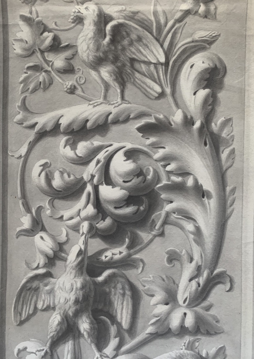 Studio accademico di un bassorilievo con grottesche, draghi e uccelli, datato 20 maggio 1868 .-photo-3