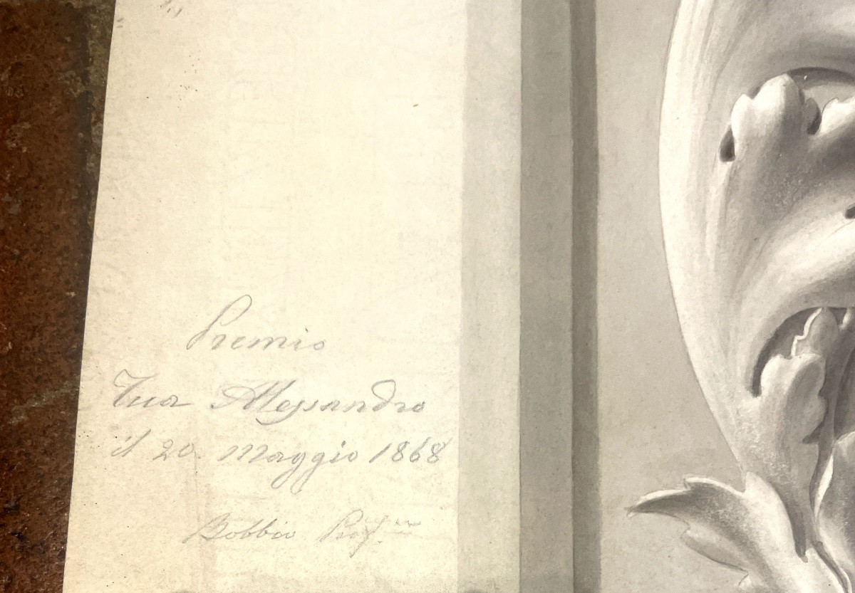 Studio accademico di un bassorilievo con grottesche, draghi e uccelli, datato 20 maggio 1868 .-photo-1