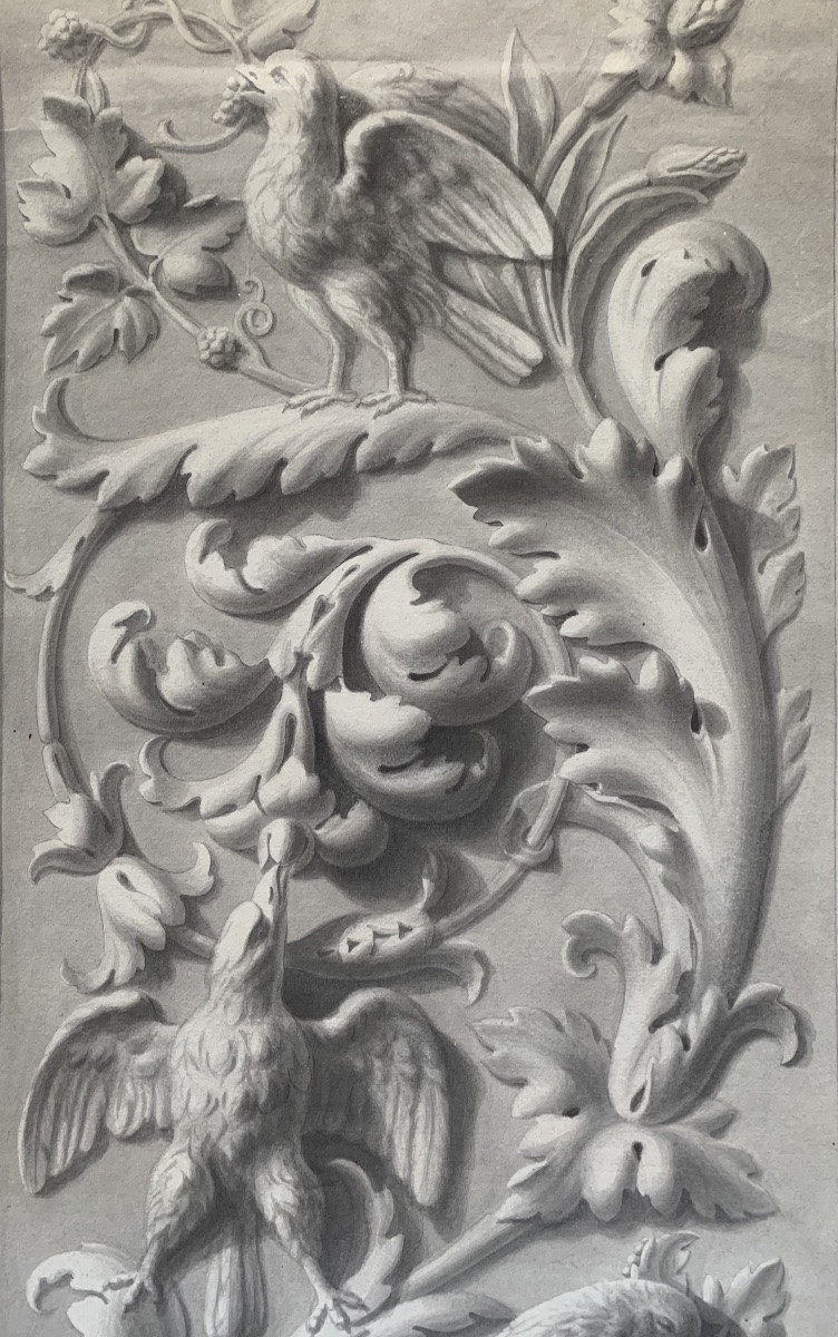 Studio accademico di un bassorilievo con grottesche, draghi e uccelli, datato 20 maggio 1868 .-photo-4