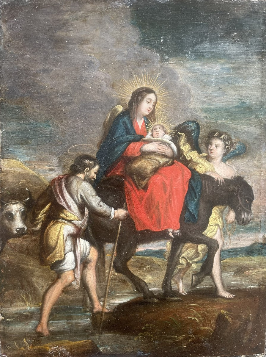 Fuga in Egitto. Olio su rame. Scuola Fiamminga. XVII secolo. Cm 23 x 17 