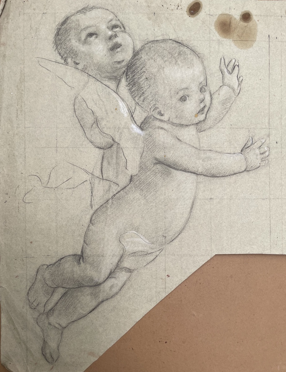 Bozzetto quadrettato per affresco con angeli in volo, 48 x 43 cm