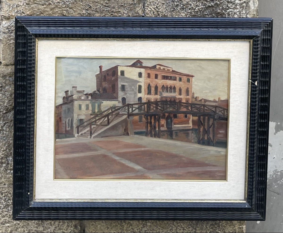 Venezia. Ponte ligneo e palazzo gotico, datato 1915 Olio su tavoletta-photo-2