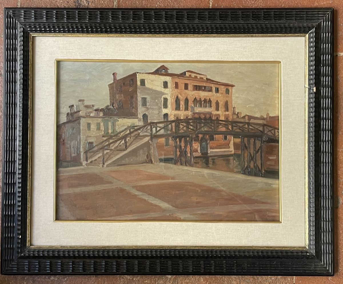 Venezia. Ponte ligneo e palazzo gotico, datato 1915 Olio su tavoletta-photo-4