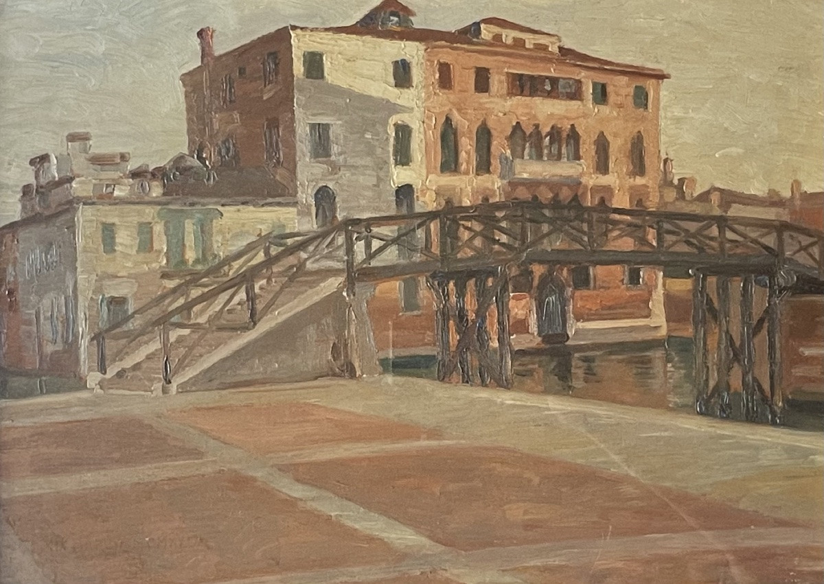 Venezia. Ponte ligneo e palazzo gotico, datato 1915 Olio su tavoletta-photo-1