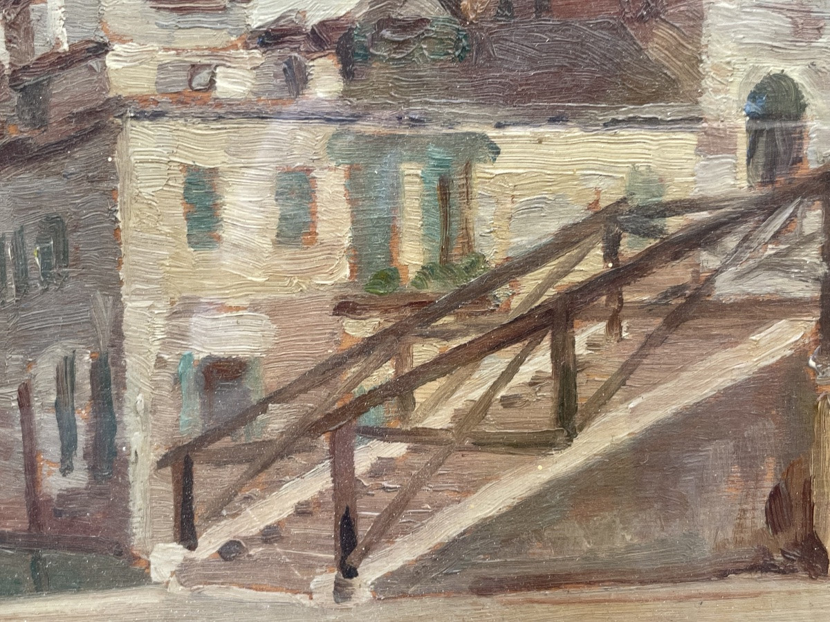 Venezia. Ponte ligneo e palazzo gotico, datato 1915 Olio su tavoletta-photo-4