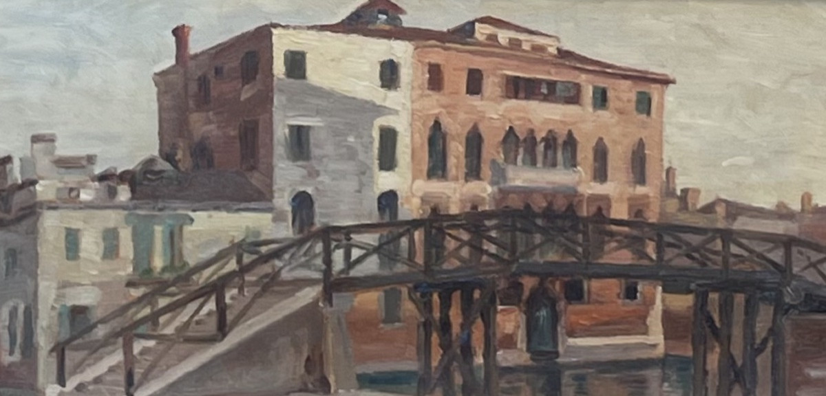 Venezia. Ponte ligneo e palazzo gotico, datato 1915 Olio su tavoletta-photo-5