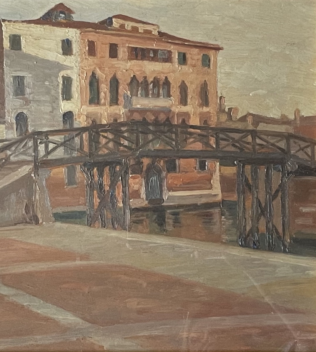 Venezia. Ponte ligneo e palazzo gotico, datato 1915 Olio su tavoletta-photo-6