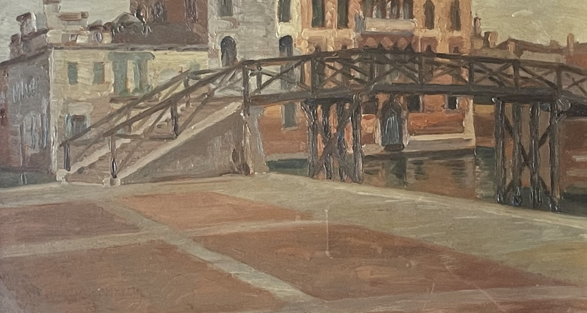 Venezia. Ponte ligneo e palazzo gotico, datato 1915 Olio su tavoletta-photo-7