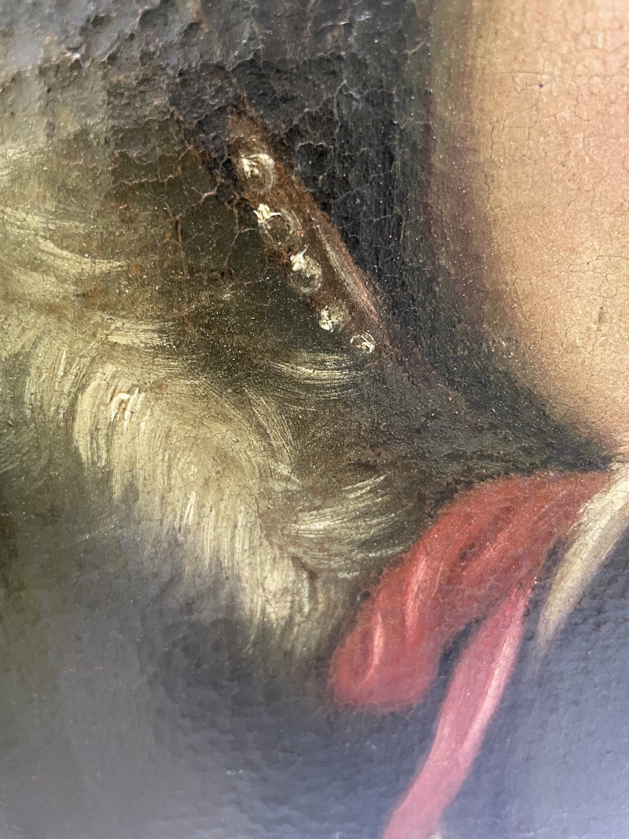 Ritratto di giovane donna in mantello con pelliccia e fiocco rosso. Ambito di Pietro Rotari-photo-4