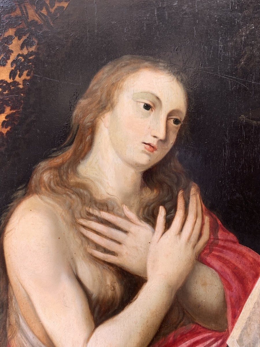 Maria Maddalena penitente su tavola di rovere con disegni e collage d’atelier sul retro. XVII s-photo-3