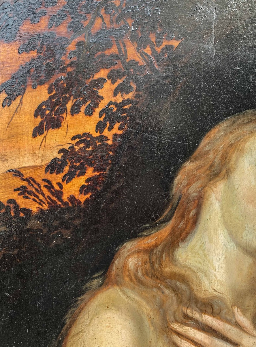 Maria Maddalena penitente su tavola di rovere con disegni e collage d’atelier sul retro. XVII s-photo-4