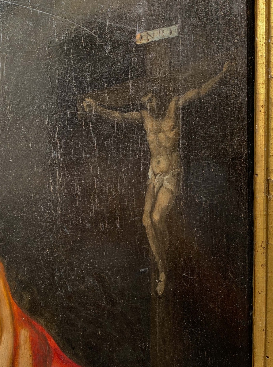 Maria Maddalena penitente su tavola di rovere con disegni e collage d’atelier sul retro. XVII s-photo-3