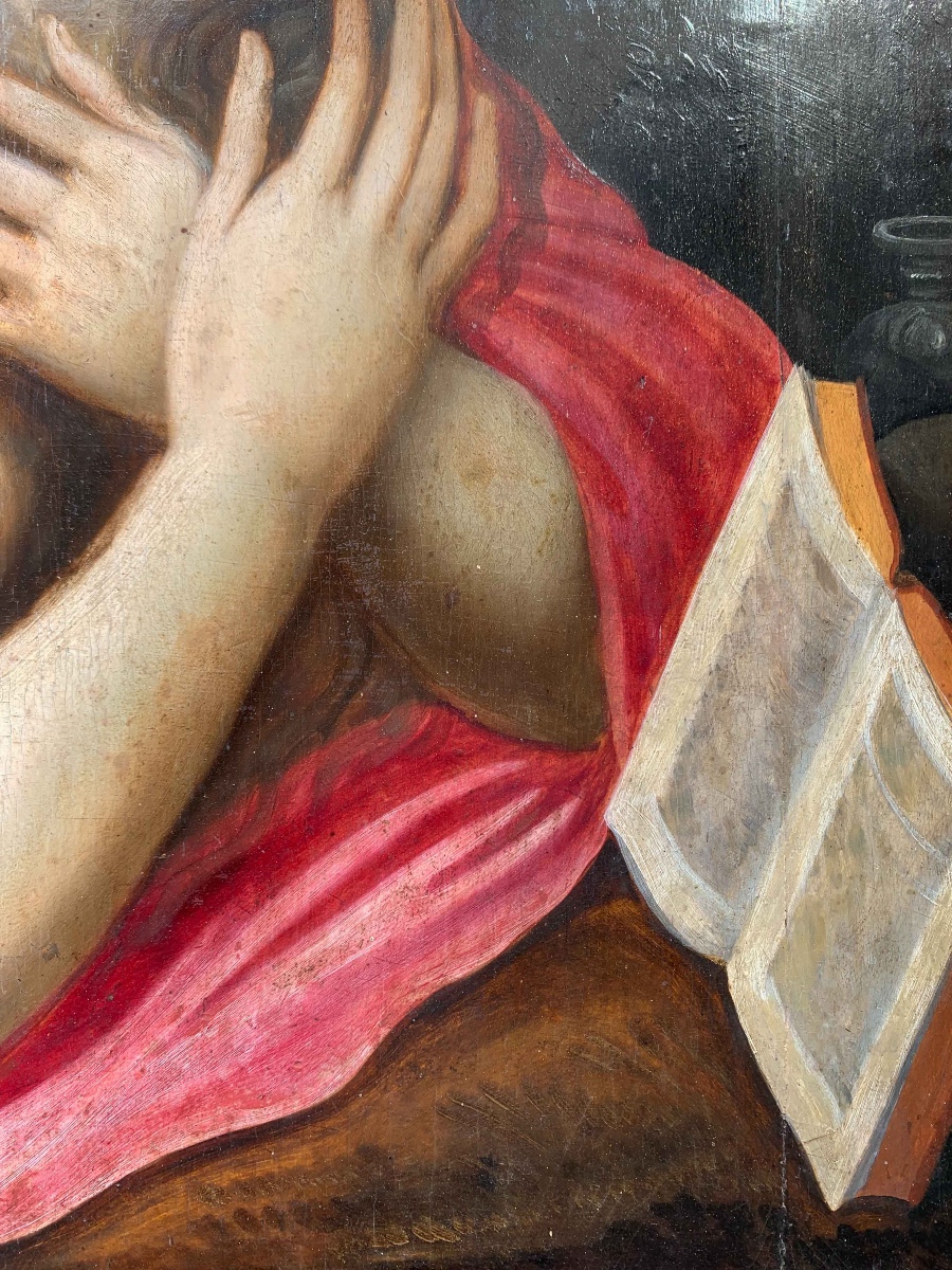 Maria Maddalena penitente su tavola di rovere con disegni e collage d’atelier sul retro. XVII s-photo-4