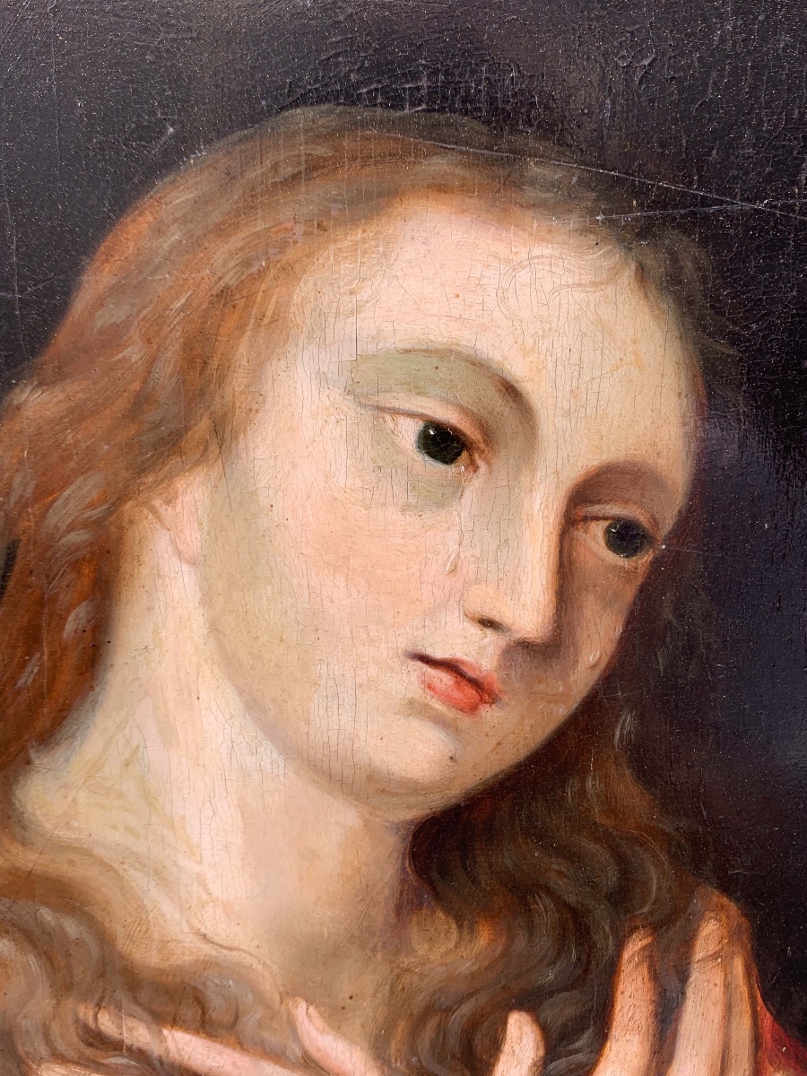 Maria Maddalena penitente su tavola di rovere con disegni e collage d’atelier sul retro. XVII s-photo-5