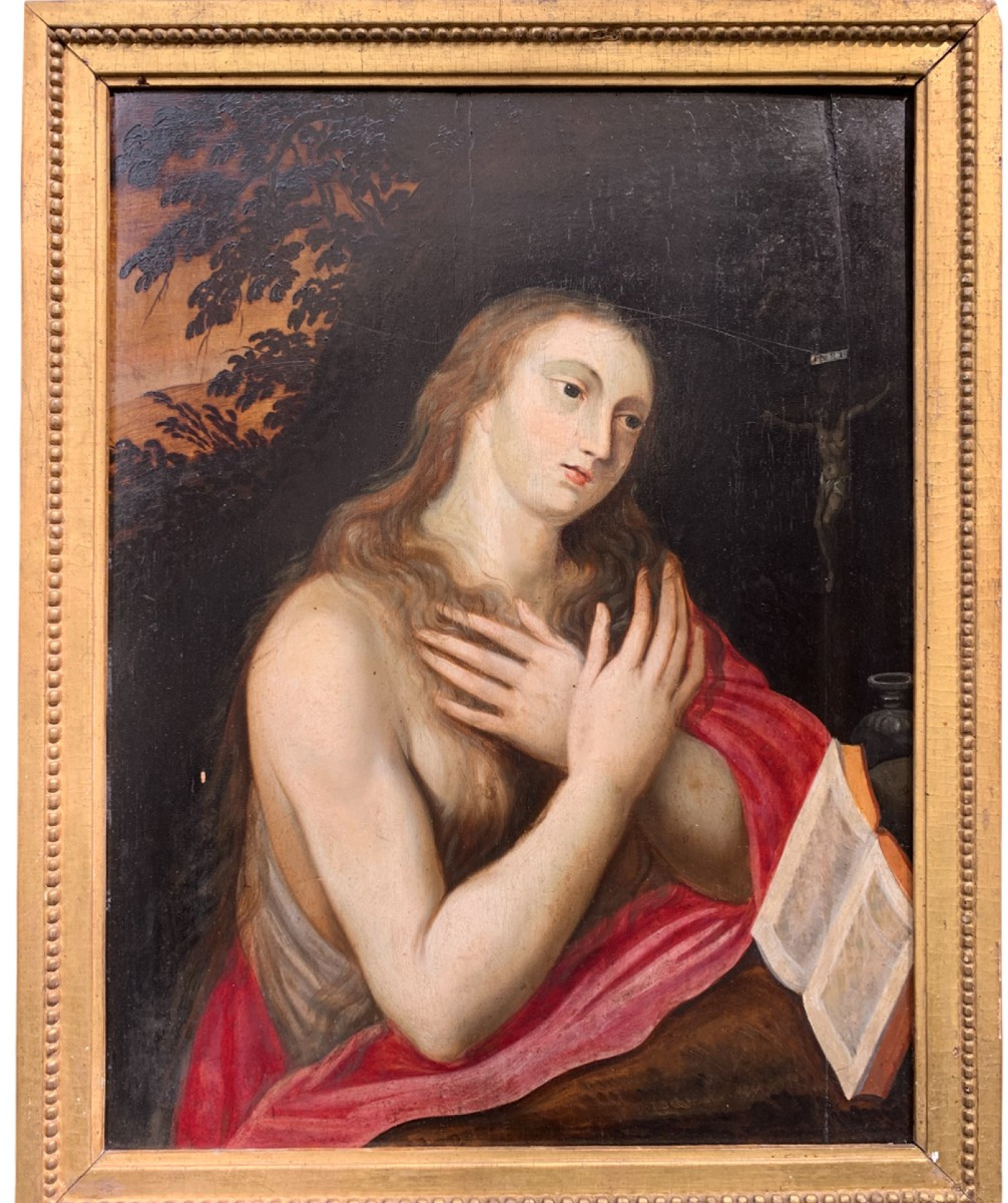 Maria Maddalena penitente su tavola di rovere con disegni e collage d’atelier sul retro. XVII s