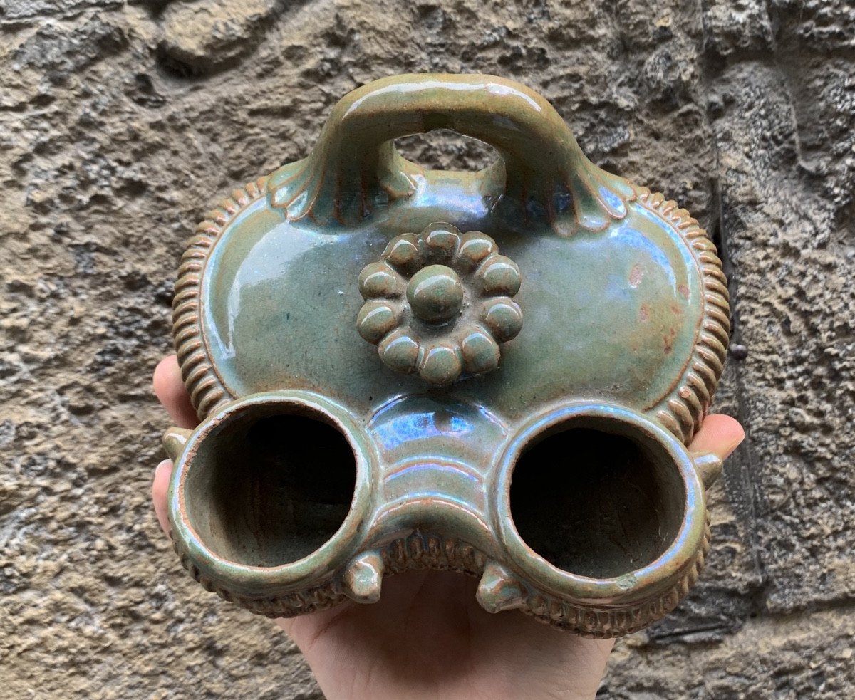 Lampada a olio, lustro verde, Fornaci di San Lorenzo. Galileo o Augusto Chini, ca.