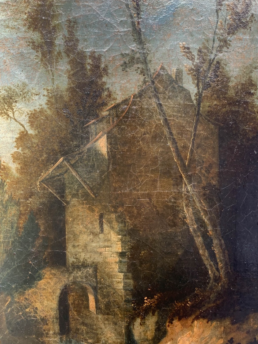 Scena pastorale con mulino e paesaggio boschivo, metà XVIII secolo . Cm 86 x 71-photo-2