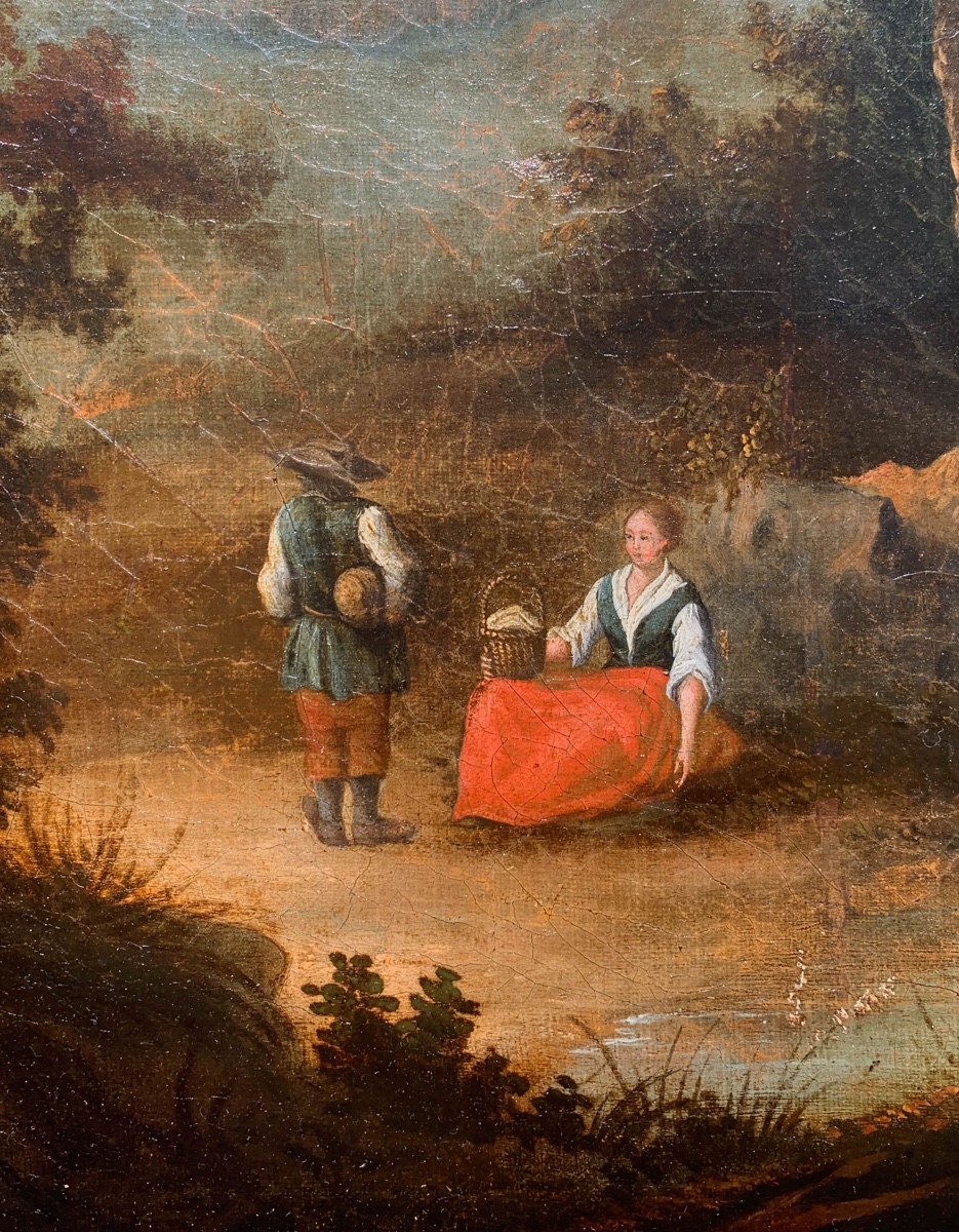 Scena pastorale con mulino e paesaggio boschivo, metà XVIII secolo . Cm 86 x 71-photo-3