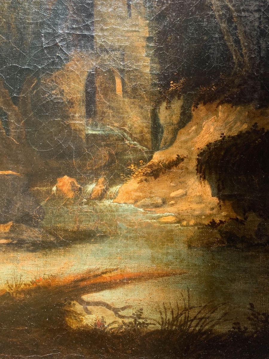 Scena pastorale con mulino e paesaggio boschivo, metà XVIII secolo . Cm 86 x 71-photo-1
