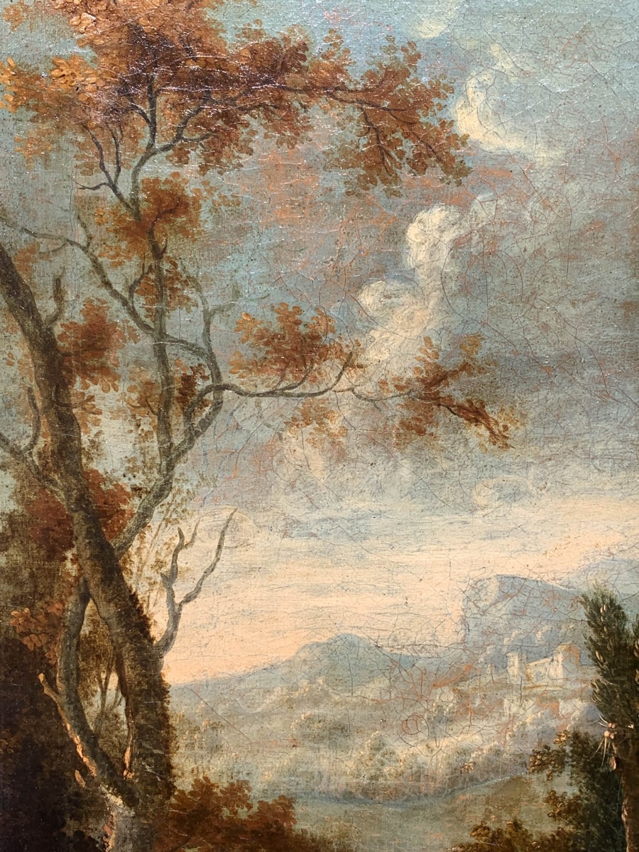 Scena pastorale con mulino e paesaggio boschivo, metà XVIII secolo . Cm 86 x 71-photo-2