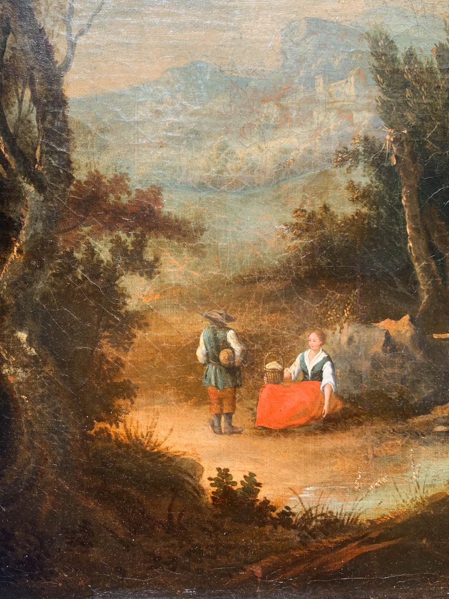 Scena pastorale con mulino e paesaggio boschivo, metà XVIII secolo . Cm 86 x 71-photo-3