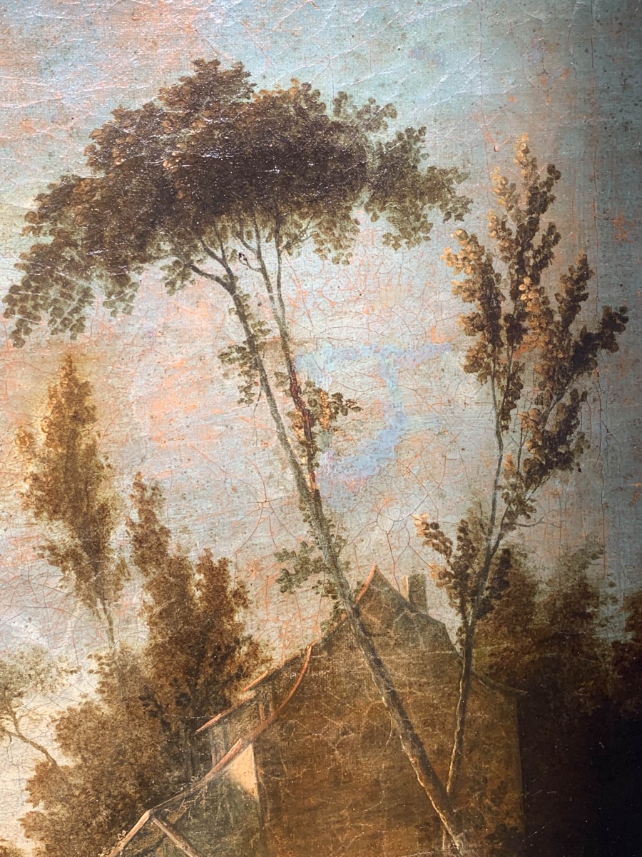 Scena pastorale con mulino e paesaggio boschivo, metà XVIII secolo . Cm 86 x 71-photo-5