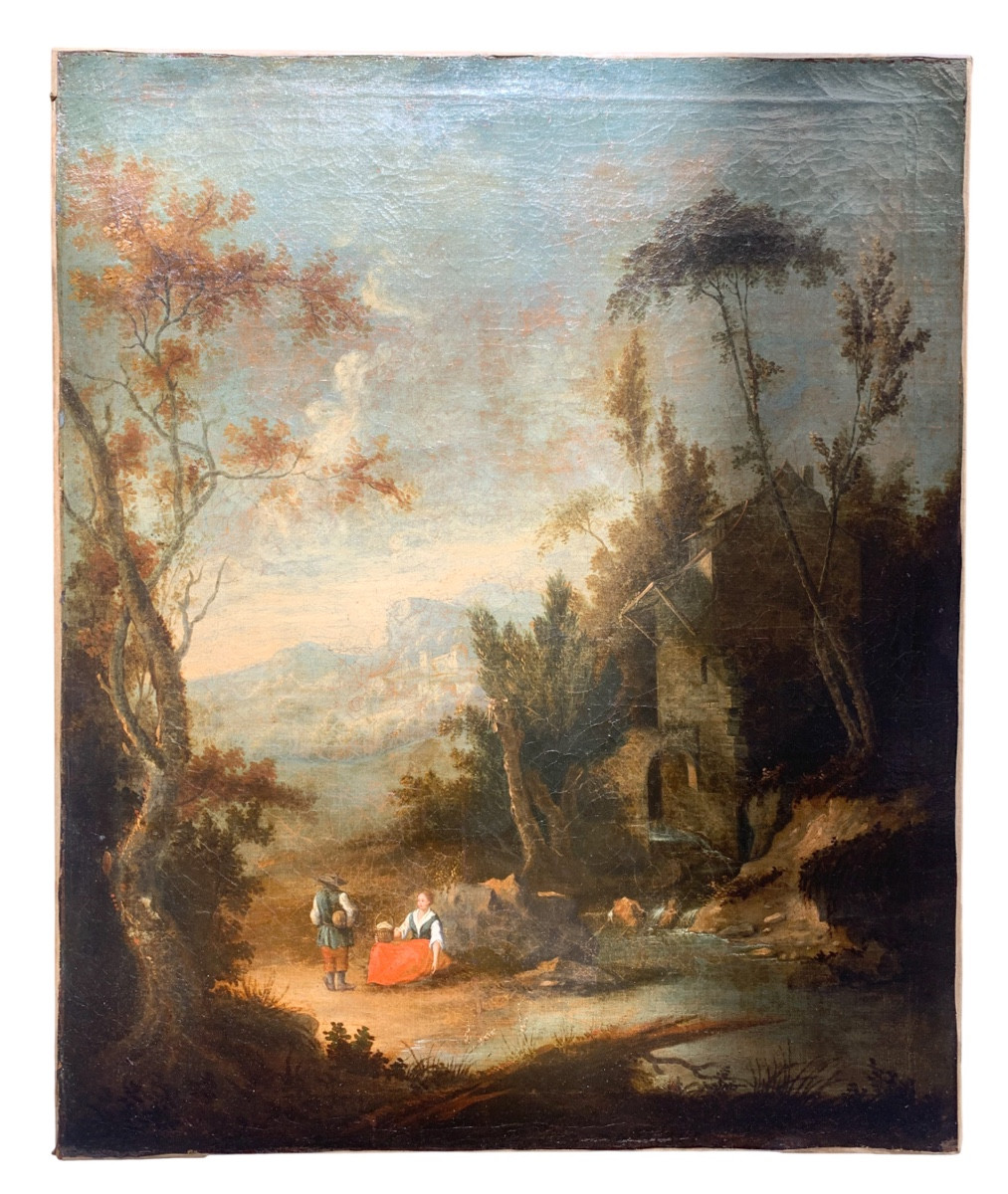Scena pastorale con mulino e paesaggio boschivo, metà XVIII secolo . Cm 86 x 71