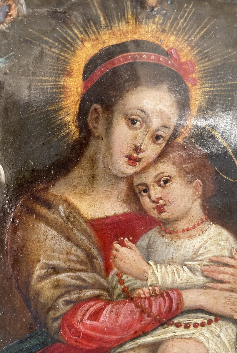 Madonna con Bambino e rosario in corallo Olio su rame. Italia meridionale, XVII sec-photo-2