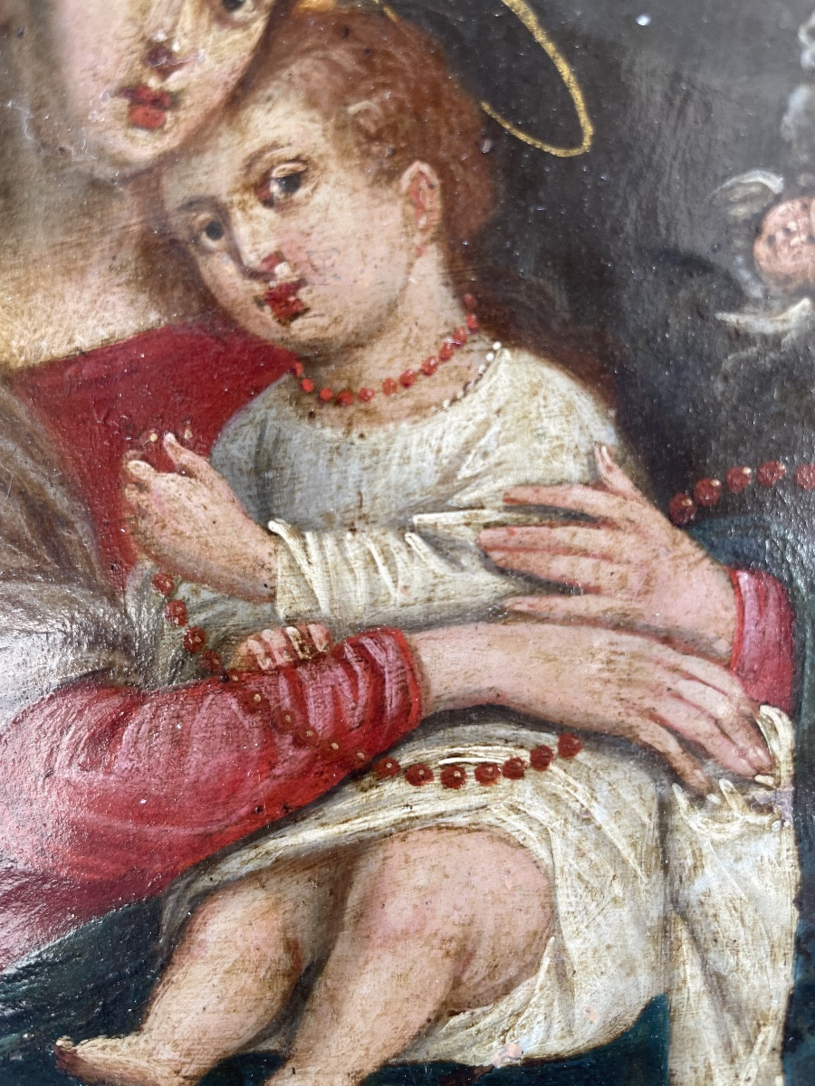 Madonna con Bambino e rosario in corallo Olio su rame. Italia meridionale, XVII sec-photo-3