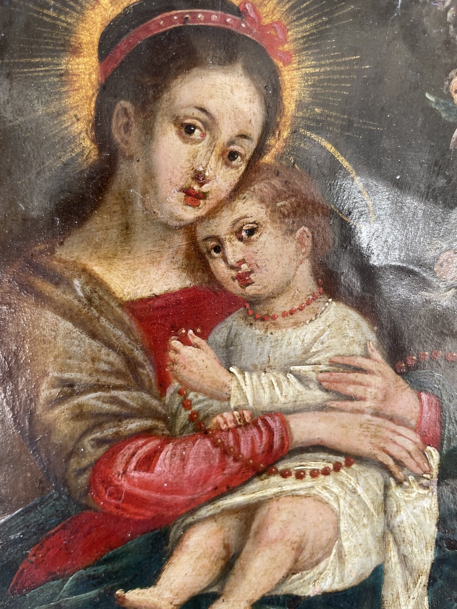 Madonna con Bambino e rosario in corallo Olio su rame. Italia meridionale, XVII sec-photo-3